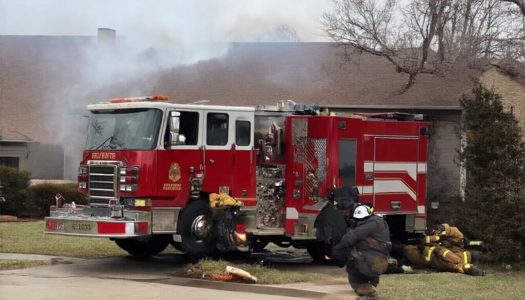 Fire truck on scene after a residential fire before insurance inspection