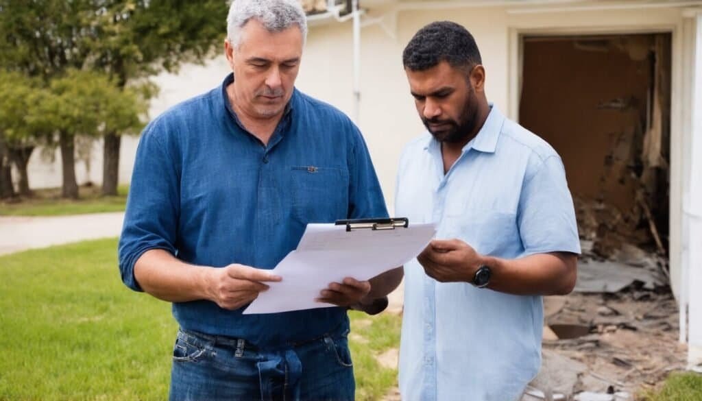 Homeowner reviewing fire damage claim paperwork with insurance adjuster