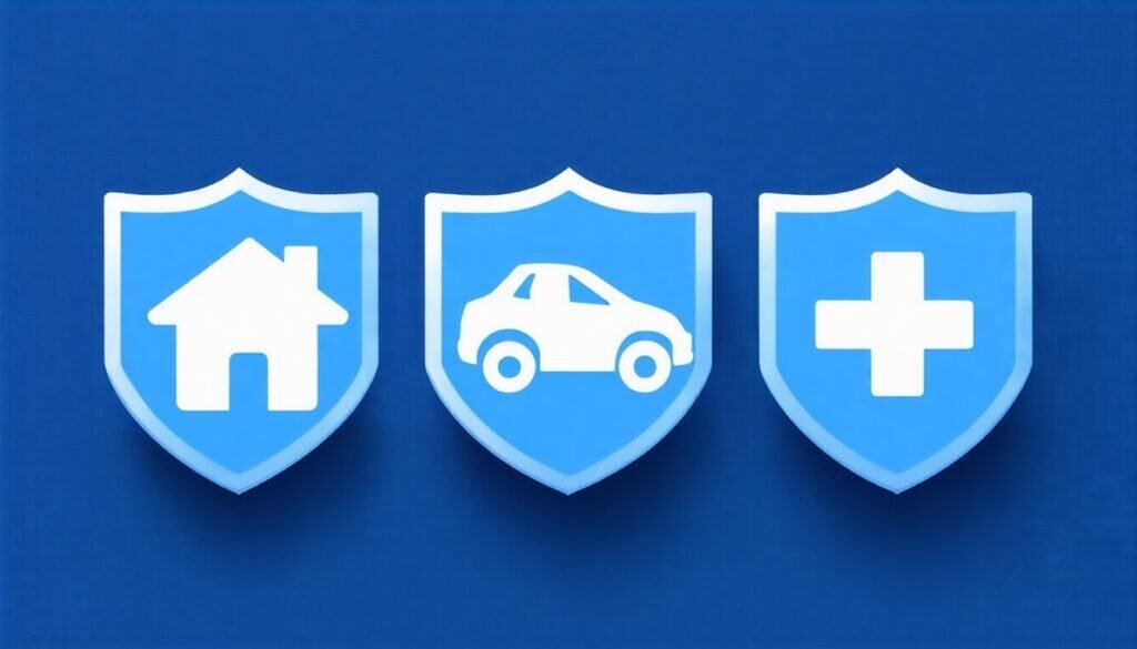 shield graphic protecting home, car, health, and family icons