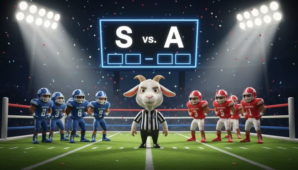 Comparison of two football teams facing off in a stadium with a goat mascot referee in the center for insurance quotes comparison.