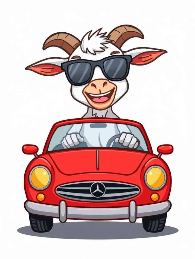 Goat driving a red car