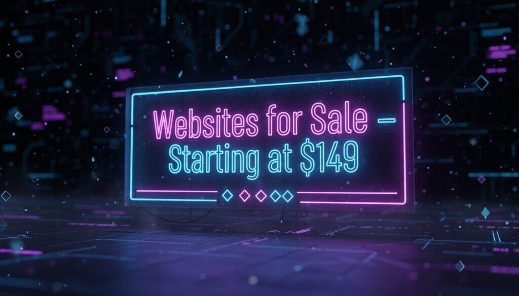 Websites for sale neon sign with starting prices over digital background.