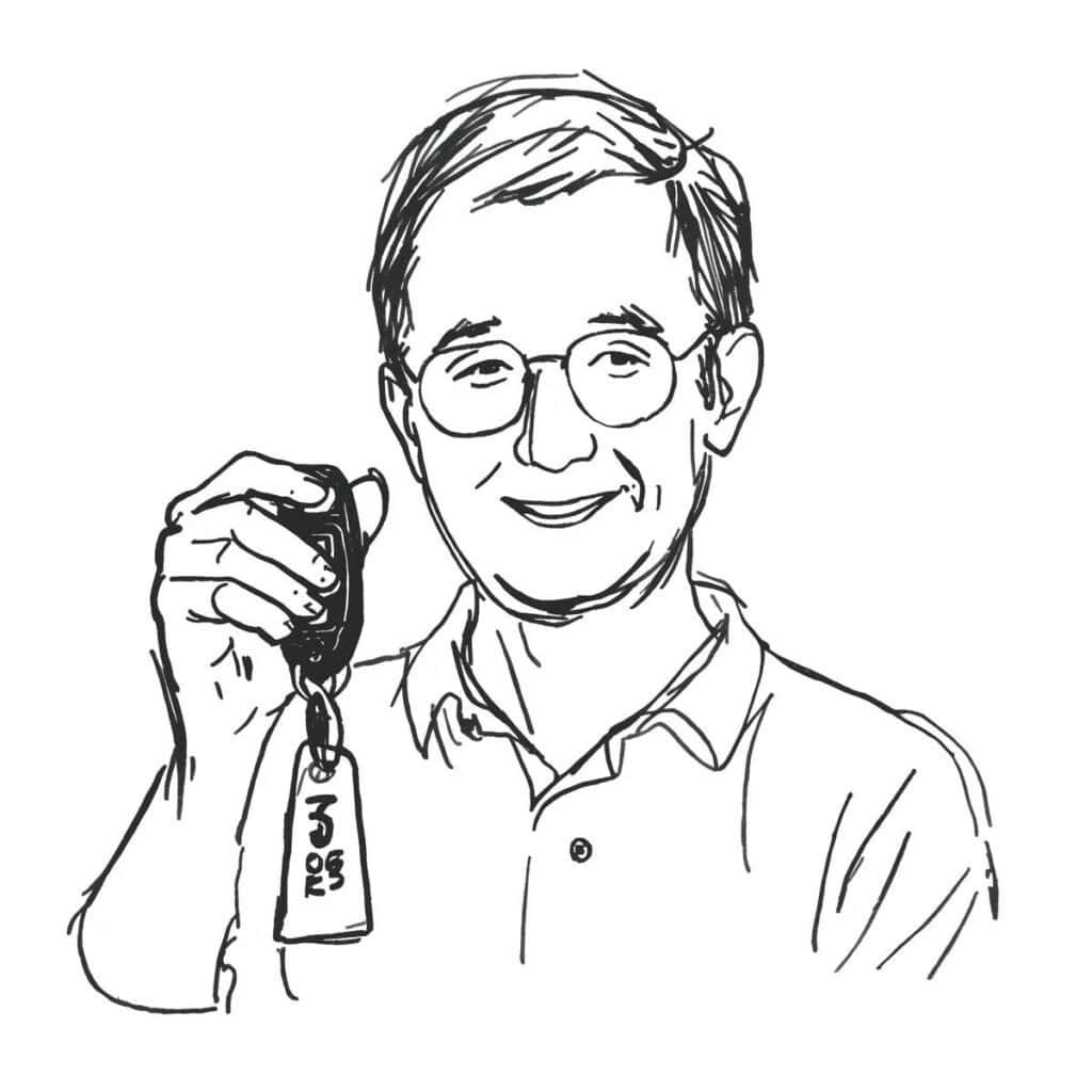 Sketch of an older gentleman Holding car keys.