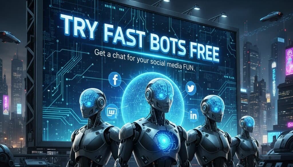 Comparison of futuristic robots promoting social media chatbots for free in a city skyline background.e digital brain says Try Fast Bots Free. Get a chat for your social media Fun. 