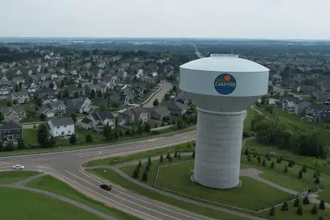 Lakeville Minnesota water tower overlooking the town and neighborhood landscape