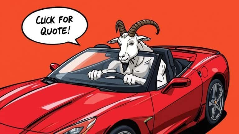 Red convertible with a goat driving says click here for quote