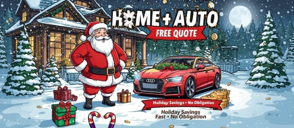 Family-friendly Christmas home with decorated tree and car, winter snow scene.