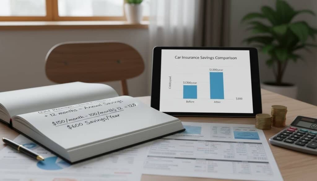 Affordable car insurance savings comparison on tablet with charts and financial documents.