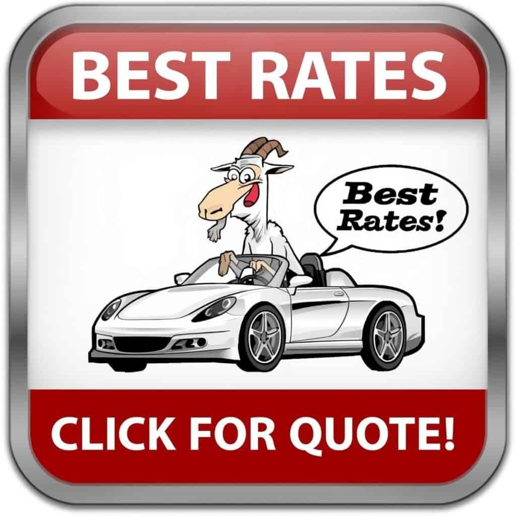 Cartoon goat driving a sports car with a speech bubble saying Best Rates and a banner that reads Click for Quote