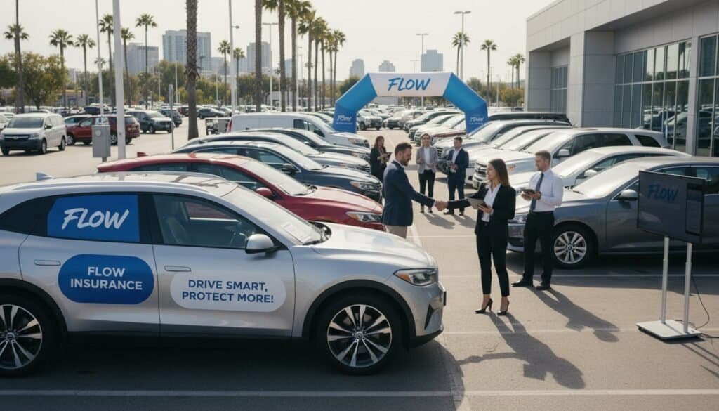 Comparison of car insurance quotes at a dealership lot under a FLOW branded archway and signage, with professionals shaking hands and discussing coverage options.