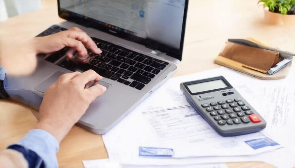  Person comparing car insurance quotes on laptop with calculator and paperwork