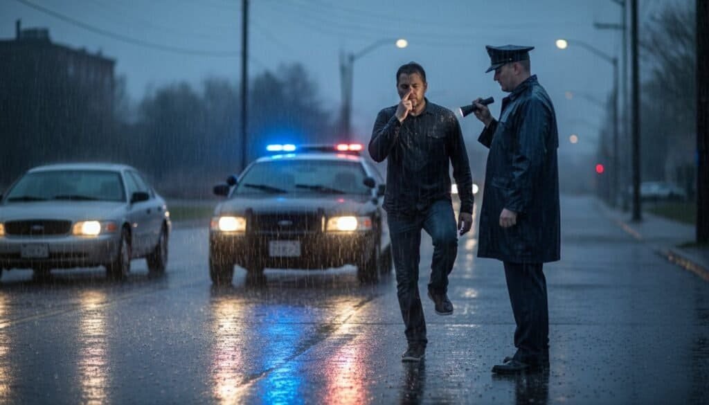 Accident scene with police officer and man in rain, highlighting importance of car insurance coverage.