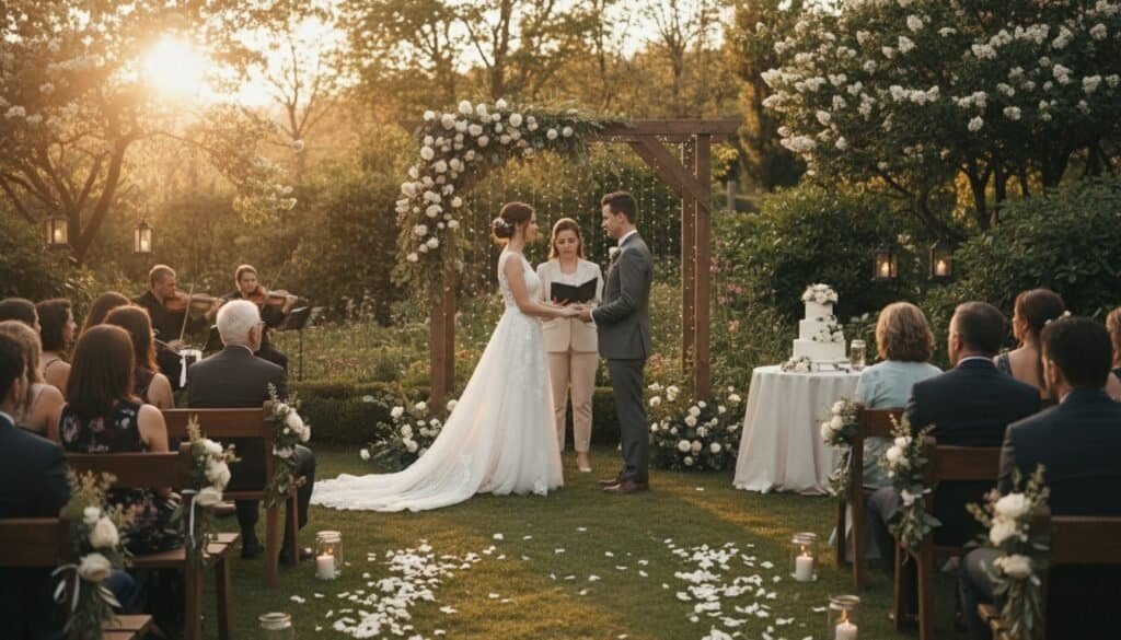 Vow exchange during outdoor wedding ceremony at sunset with guests, floral arch, and wedding cake.