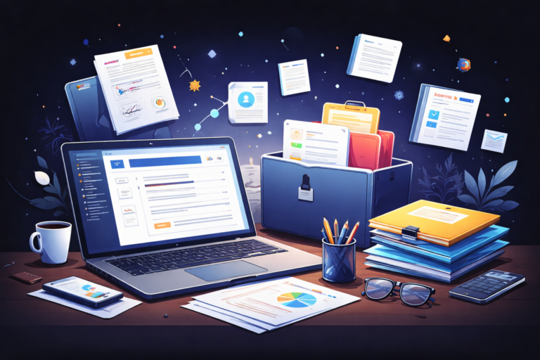 Illustrated workspace showing organized document templates, folders, and digital files in a professional workflow